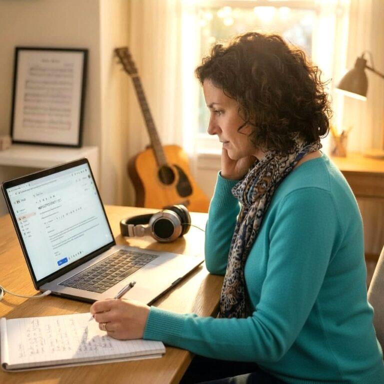 Naismuusikko työskentelee rauhallisessa kotityötilassa kannettavan tietokoneen äärellä. Pöydällä on muistivihko ja kynä, taustalla kitara ja kuulokkeet. Henkilö keskittyy sähköpostiviestin kirjoittamiseen lämpimässä, luonnonvaloisessa ympäristössä. Hänellä on päällään turkoosi villapaita ja kaulassa kirjava huivi, hiukset puolipitkät ja kiharat.