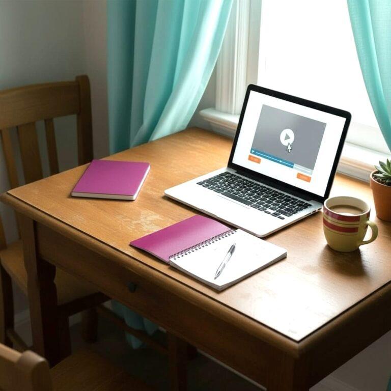 Kannettava tietokone puupöydällä kotona, ruudulla videon toistonäkymä ja hiiren kursori play-painikkeen päällä. Vieressä kahvikuppi, muistivihko ja kynä sekä pieni viherkasvi ikkunan äärellä. Tunnelma on rauhallinen ja opiskeluun kannustava.