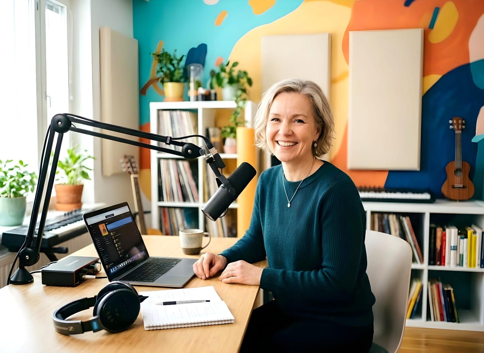 Iloinen nainen istuu musiikkistudiossa mikrofonin ja kannettavan tietokoneen ääressä värikkäässä huoneessa