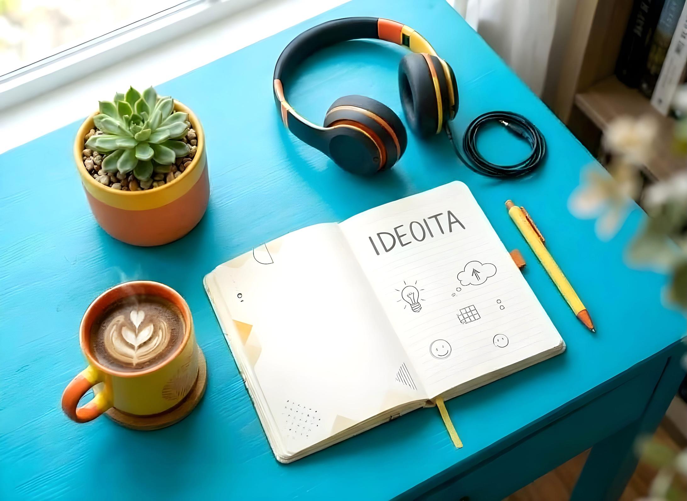 Värikkäällä turkoosilla pöydällä kuulokkeet, kahvikuppi, kasvi ja avonainen muistikirja – luova musiikkialan työskentelytunnelma